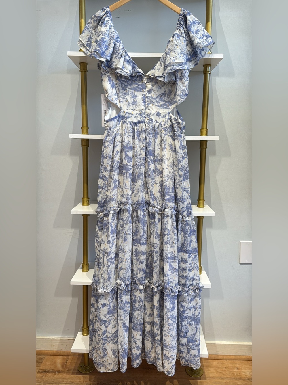 NWT Porcelain Blue and White Floral Ruffle Maxi Dress with Gold Foil Accents